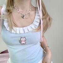 Kawaii Sladūs Harajuku Tankai Moterims Japoniška Mada Mielas Kaspinas Nėrinių Derinys Katės Siuvinėjimas Slim Marškinėliai Viršūnės Vasaros Y2k L mėlyna
