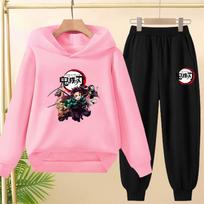 Vaikams Hoodie Anime Demon Slayer Tinka su gobtuvu bliuzonas Viršutinis drabužis Kelnės Rinkinys Rudens drabužiai Amžius 2-12 Berniukams Mergaitėms 100cm rožinė