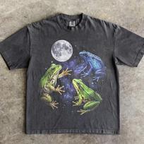 Three Frogs Vintage Graphic T-shirts, Retro Toads Moon Tshirt, Frog Lovers, Funny Cozy Sleeping Galaxy Tee,Oversized Washed Adult Joke Shirt S gray