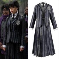 Suaugusiųjų Trečiadienės Adamsų Tematikos Suknelė Cosplay Kostiumas Perukai Nevermore Mokyklos Uniforma Marškiniai Paltai Kaklaraištis Apranga Helovino Kostiumas M pilka spalva