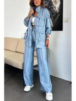 European and American Women's Fashion Two-Piece Set: Straight-Leg Trousers & Long-Sleeve Jacket with 3D Pockets 3035. Small šviesiai mėlyna spalva