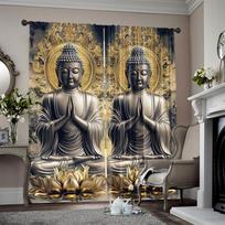 Flat Printing Party Curtains Two Buddhas Lotus Position Art Polyester Without Electricity Birthday Applies Set Of 2 Made W100*H70(CM)-Grommet top&2PCS gray
