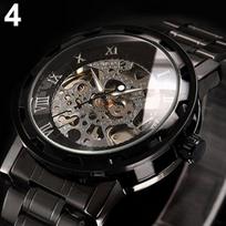 Vyriškas mechaninis laikrodis su skeletu, romėniškais skaičiais, tuščiaviduriu ciferblatu ir nerūdijančio plieno apyranke gray