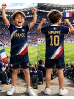 Boys France National Team Soccer Uniform Set Blue Flag Print Short Sleeve Jersey Shorts Two Piece Outfit Quick Dry Fabric 110 white