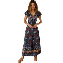 Spring New Bohemia Floral Dress Women Casual V Neck High Waist Short Sleeve Print Dress For Women Fashion Summer Dress 2XL black