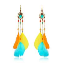 New Bohemian Crystal Copper Chain Feather Long Drop Earrings for Women Retro Gypsy Ethnic Temperament Gold Color Jewelry Gift yellow