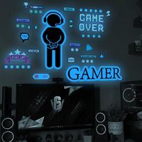 Luminous Gamer Boy Wall Stickers Game Letters Element Vinyl Decals Glow In The Dark For Kids Bedroom Gaming Room Home Decoration blue