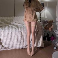 Sexy Shiny Ultra Thin Lace Suspender Thigh High Stockings For Women One size rožinė