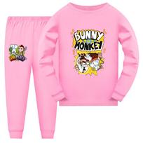 4206  Kids Boys Girls Bunny Monkey Print Long Sleeves T-shirt Pants Pajamas Sleepwear Sleeping Sets 140cm rožinė