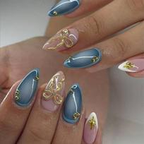 24Pcs Medium Almond Press On Nails Silver Star Irregular Cat Eye Design Detachable Full Cover Fake Nail Tips gray
