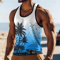 Vyriškas tank topas su palmių ir saulėlydžio paplūdimio namelio tropinio žuvėdros grafiniu piešiniu, be rankovių marškinėliai 3XL gray