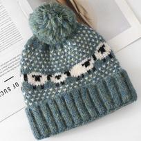 Winter atmosphere Fair Island wind knitted ear-hanging hairball wool hat men's and women's winter warm contrasting ear caps M 56-58 mėlyna