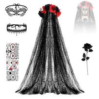 Lace Headpiece Mask Choker Face Sticker Set for Halloween Bridal Costumes at Parties Photo Styling and Cosplay Use gray