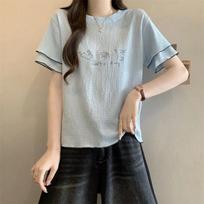 Korean Style Sweet Fungus Dog Embroidered Short-sleeved Women's T-shirt Summer Design Right Shoulder Half-sleeve Unique and Beautiful Top XL mėlyna