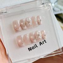 10Pcs Nude Cat Eye Press On Nails - Water Ripple & 3D Flower Fake Nails L gray