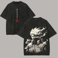 Kakashi Hatake T Shirt Naruto Men Acid Wash Back Print Ninja Anime Graphic Cotton Streetwear White Hair Vintage Bootleg Tee 4XL white