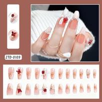 24pcs Gradient Carved Flower Press on Nails Medium Almond Pink Blush French False Nails Artificial Wearable Almond Nail Tips *R3