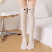 Striped Long Socks Womens Panda Cat Winter Warm Ladies Girls Black White Funny Over Above Knee Thigh High Stockings Christmas One Size beige