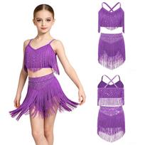 Mergaitei Lotynų šokio varžybų apranga Cikadų kutais Crop Top su kryžiumi nugaroje ir sluoksniuota kutų sijonu scenos pasirodymui 7-8 Years violetinė