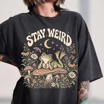 Stay Weird Frog Shirt, Cottagecore Mushroom Tee, Moon & Stars Wildflower T-Shirt, Peace Sign Frog Lover Gift 110 beige