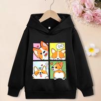 Autumn Kids Pullover Hoodie, Sweet Cartoon Corgi Puppy Four Grid Comic Print, Comfortable Material, Great Clothes for School And Outdoor Trips 150 balta