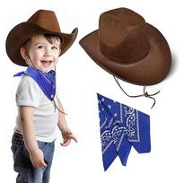 Kids Hat and Bandana Set, Western Trimmed Hat with Scarf for Boys and Girls One Size blue
