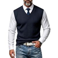 Men's V Neck Cable Knit Sweater Vest Sleeveless Pullover Knit Waistcoat Casual Business Layering Tank Top for Formal Daily Wear S tamsiai mėlyna spalva