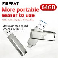 Firebat USB 3.2 Flash Drive 64GB Dual USB-A/USB-C Metal 360° Rotation Tiny Pendrive Memory Stick Storage Device U Disk Mini Flashdrive red