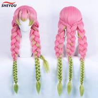 Anime Mitsuri Kanroji Cosplay Perukas Ilgas Rožinis Žalias Kasas Atsparus Karščiui Plaukas Autentiški Cosplay Perukai + Peruko Kepuraitė One Size pink
