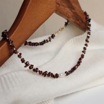 suu Design-style, vintage-inspired, fresh and vibrant summer necklace featuring a mix of wine-red freshwater pearls and natural garnet Style1 gray
