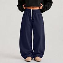 Women's Wide Leg Pants with Elastic Waist and Pockets, Loose Fit Casual Trousers for Everyday Wear M tamsiai mėlyna