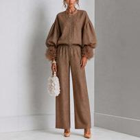 Women's Zip Up Top and Wide Leg Pants 2 Piece Set with Ruffled Sleeve Cuffs for Casual Wear XL ruda