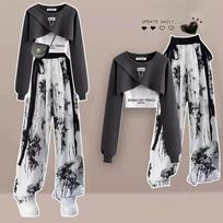 Women Spring Autumn Crop Sweatshirt Letter Sling Print Pants 3 Piece Set Lady Streetwear Outfits Tops Trousers Suit 2XL pilka