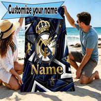 Custom Name Personalized Real Madrid CF Print Beach Towel, for Trip Camping Beach Party Home Decor, Birthday Gift for Family & Friends 70cmx140cm(27x55inch) gray