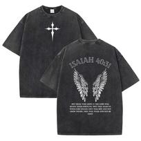 Isaiah 40:31 Scripture Graphic T‑Shirt Men Women Casual Short Sleeve Tee Cross Wing Faith Quote Washed Streetwear Unisex Tops M gray