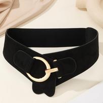 Spicy Girl Suede Belt PU Leather Elastic Cummerbunds Retro Wide Waistband  Dress Style B Suede Black white