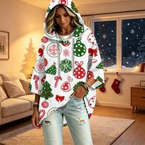 Women's Fashion Christmas Print Hooded Pullover Top, 3/4 Sleeve Casual Tunic L rožinė
