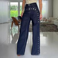 Women S High Waist Wide Leg Denim Pants With Metal Rivets Vintage Loose Fit S tamsiai mėlyna spalva