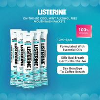 LISTERINE ON-THE-GO COOL MINT BE ALKOHOLIO BURNOS SKALAVIMO PAKELIAI 10ml 5vnt/15vnt, Švelni formulė be alkoholio, Kovojanti su apnašomis ir blogu burnos kvapu 5pcs white