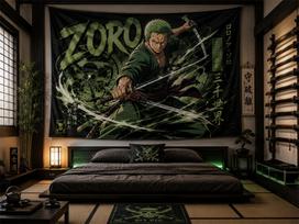 One Piece Roronoa Zoro Three Swords Style Tapestry Japanese Ink Text Print Wall Hanging for Anime Fans Bedroom Dorm Gaming Room 130X150CM