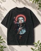 Tattoo Nun Graphic Shirt | Acid Wash Black Alternative T-Shirt S gray