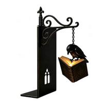 Dark Fantasy Bookshelf Decor Gothic Metal Bookends with Hanging Light, Cat Raven Ghost Decorative Heavy Duty Book Ends Lamp, Vintage Church B
