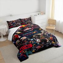 Red Bull Racing Team Bedding set (1 duvet cover, 2 pillowcases, duvet not included) for Garage Fan Decor, Checo and Pit Crew Group Photo Art Print 140x200cm