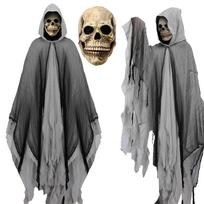 Grim Reaper Hooded Costume with Scary Skull Mask for Halloween Dress-Up Adult One Size gray