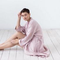 Womens Robe Cotton Linen Kimono Style Long Sleeve Belted Housecoat XS gray