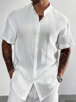 Men's Crinkled Texture Short Sleeve Button-Down Shirt with Band Collar - Relaxed Fit Casual Top for Summer Vacation and Everyday Wear XXL