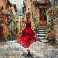 1PC 36X36cm/14.17X14.17in, 11CT print cross stitch DIY kit,Red Dress Girl Alley,adult beginner's relaxed cross stitch stitch set L36cm W36cm&11CT
