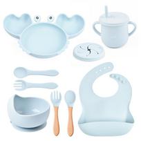 Silicone Crab Dinner Plate Baby Bib Baby Children Bowl Tableware Spoon Anti-fall Snack Cup Set Manufactor Wholesale Y5 set dangaus mėlyna spalva