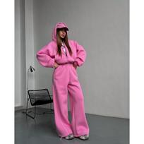 Womens Loose Hooded Sweatshirt Wide Leg Pants 2-Piece Set Cotton Blend Casual Outfit Fall Winter Large pastelinės raudonos spalvos