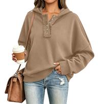 Women's Color Button-Up Hoodie with Collar, Long Sleeve Casual Sweatshirt for Everyday Wear XXL chaki